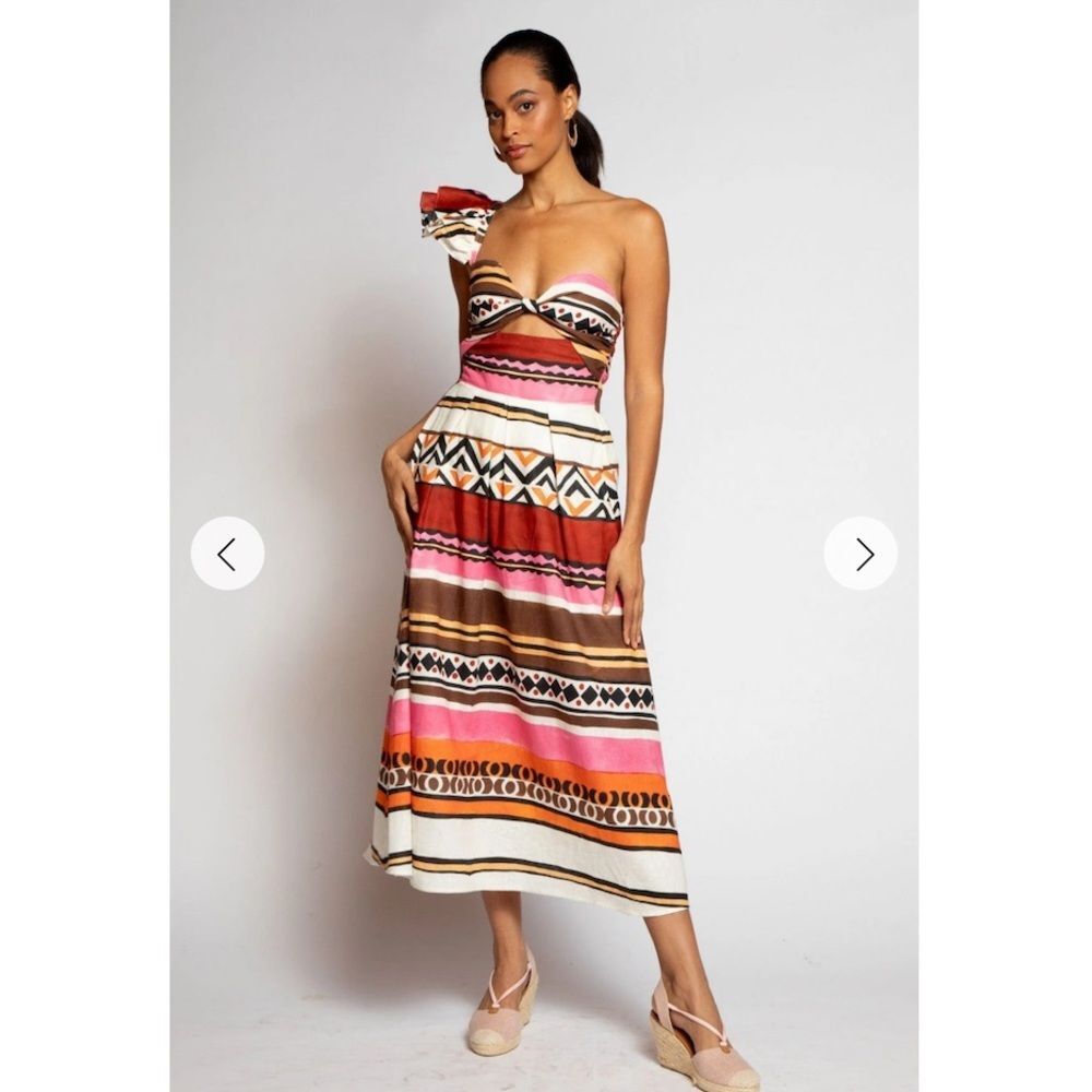 Eva Franco Dress One Shoulder Pleated Tulum Stripe Linen Tribal Ethnic 4 NWT